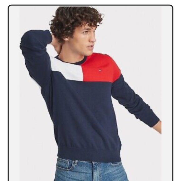 Mens Tommy Hilfiger 100% Cotton Pull Over Sweater XL Red White Blue Logo - Picture 1 of 6